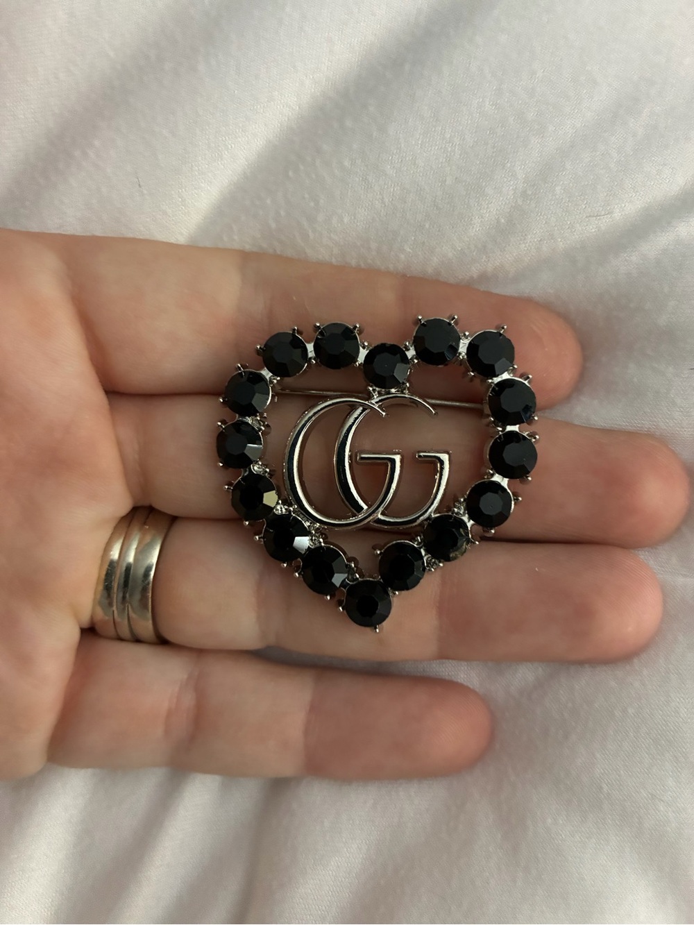 Heart Brooch with Black Crystal Accents